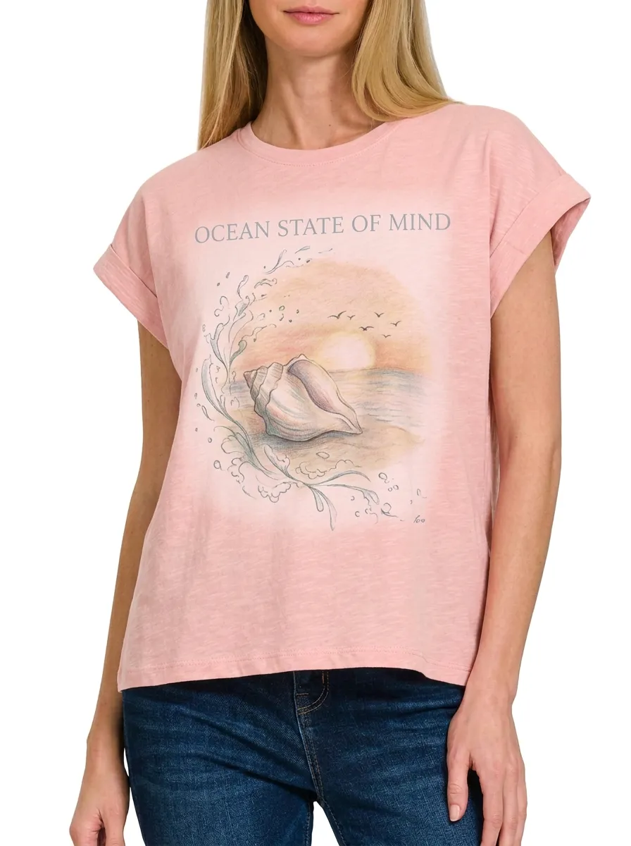 Women's Beach Lover Ocean State of Mind Seashell Printed T-shirt