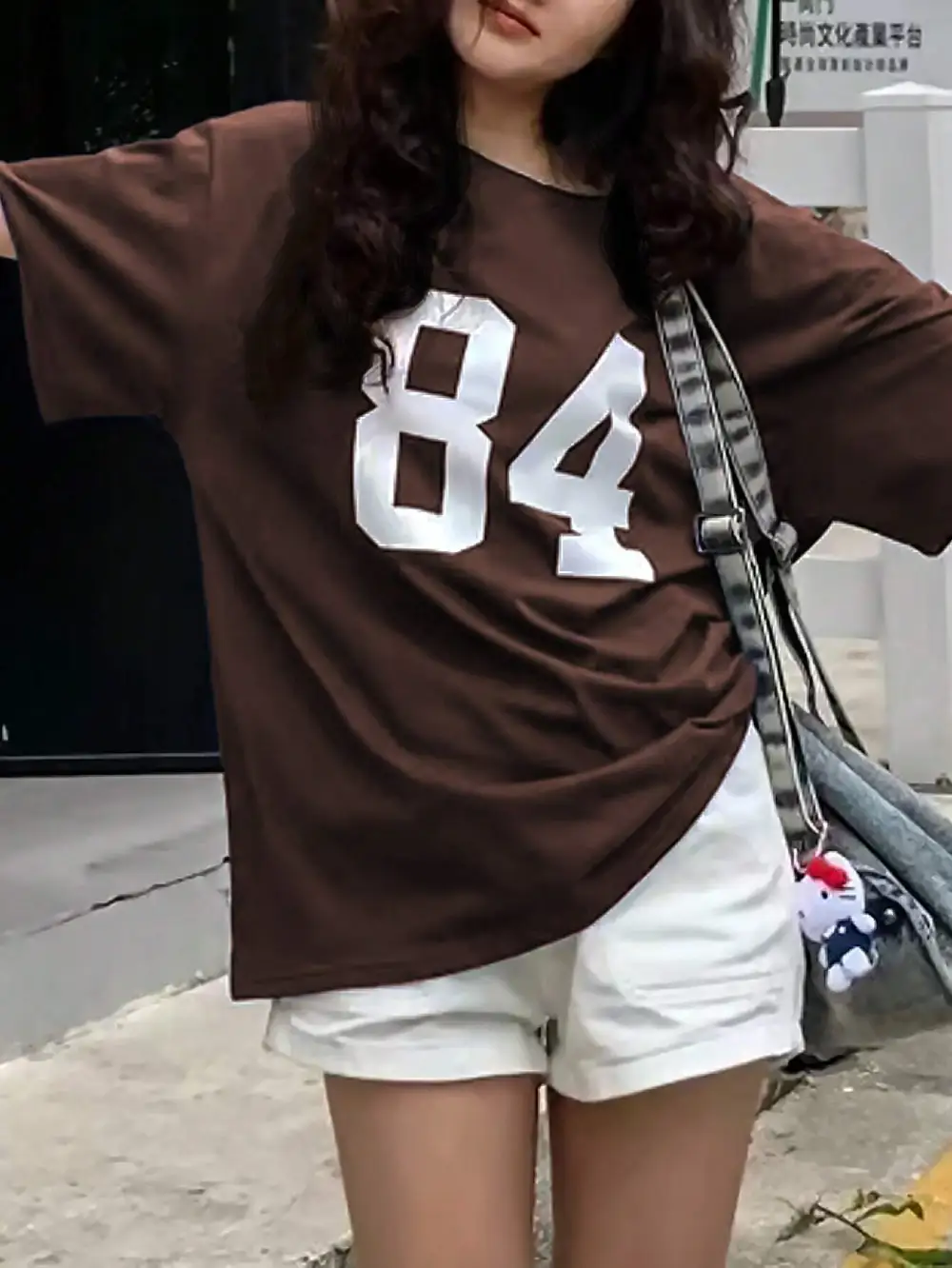 Women Brown Number 84 Off Shoulder Relaxed Fit T-Shirt