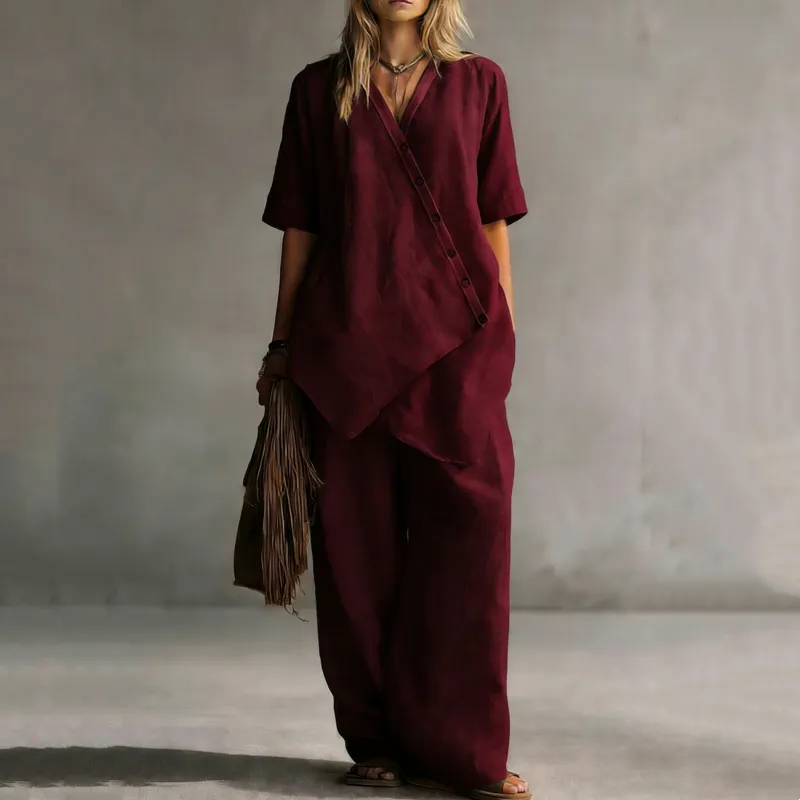 ⌛Limited-Time Offer-Women's Asymmetrical Top & Wide-Leg Pants Set