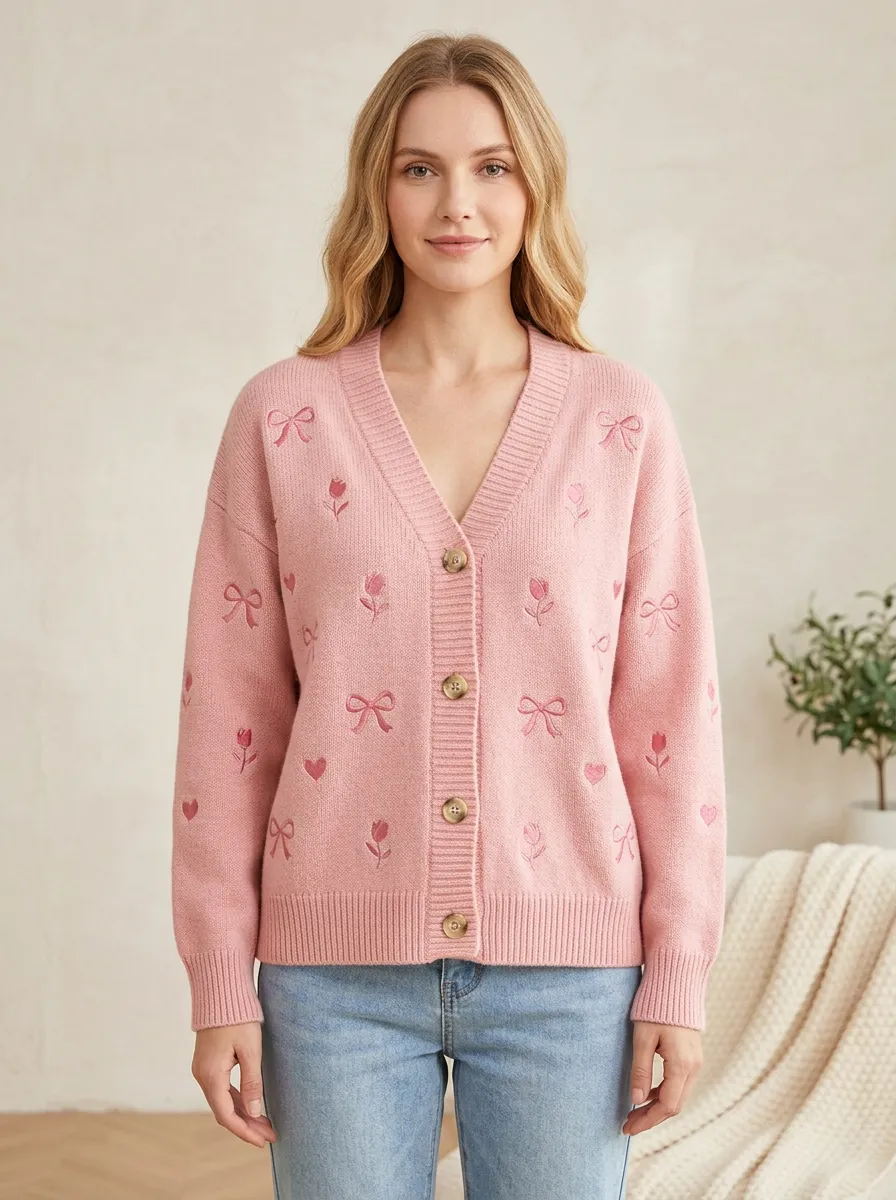 Women's Heart Embroidered Ribbon Bow Printed Cardigan