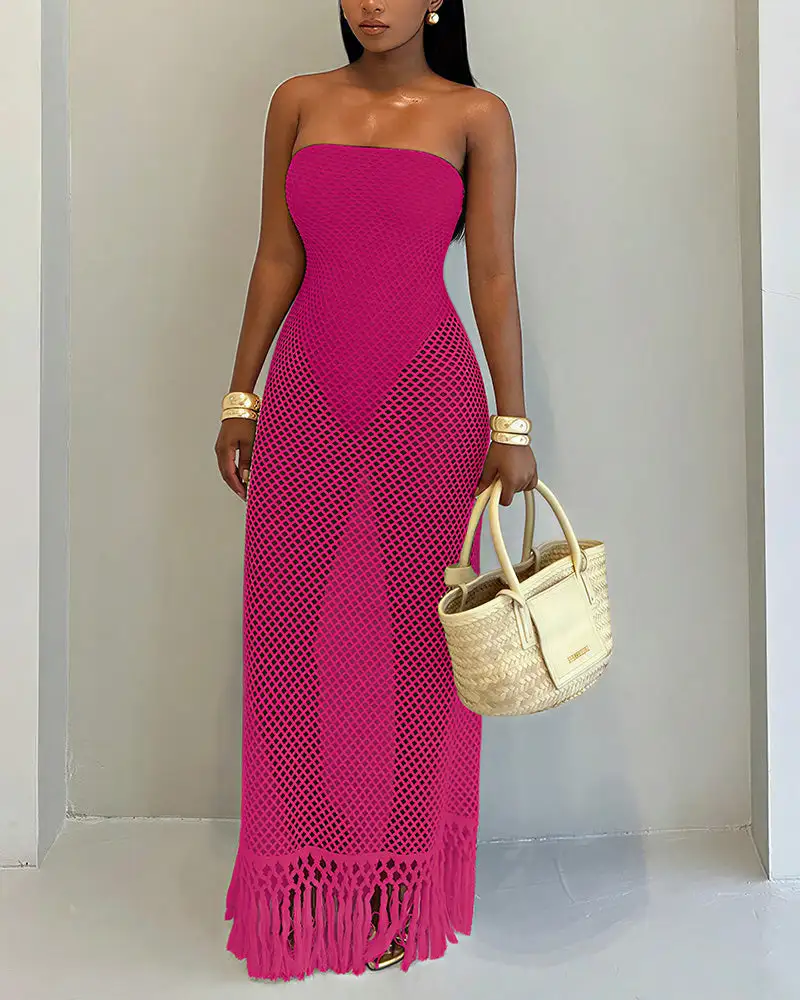 Strapless Crochet Hollow Out Fringe Maxi Dress Cover Up