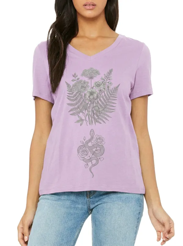 Women's Botanical Snake Rose Printed V-Neck T-Shirt