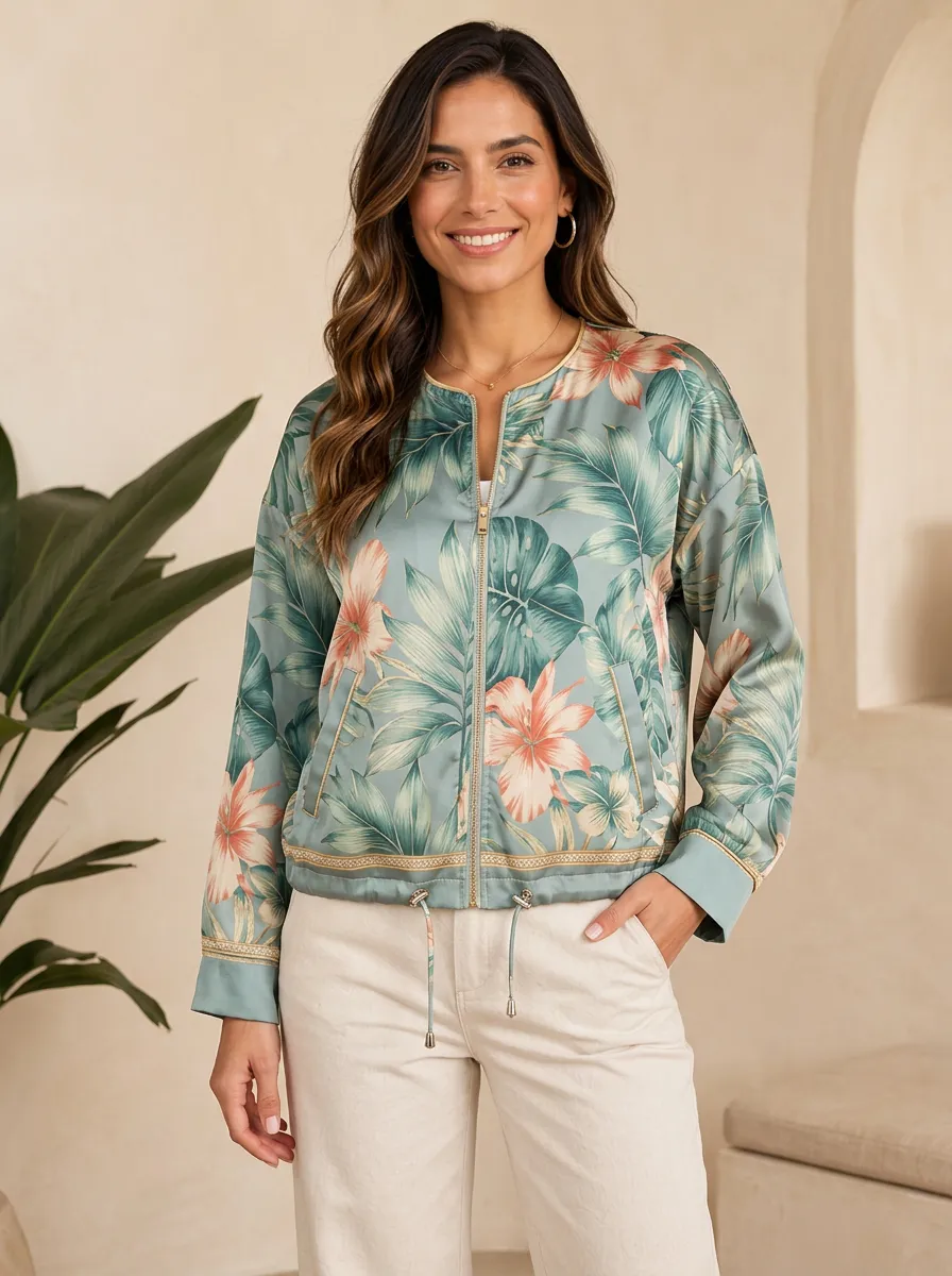Women's Tropical Floral Leaf Collarless Bomber Jacket