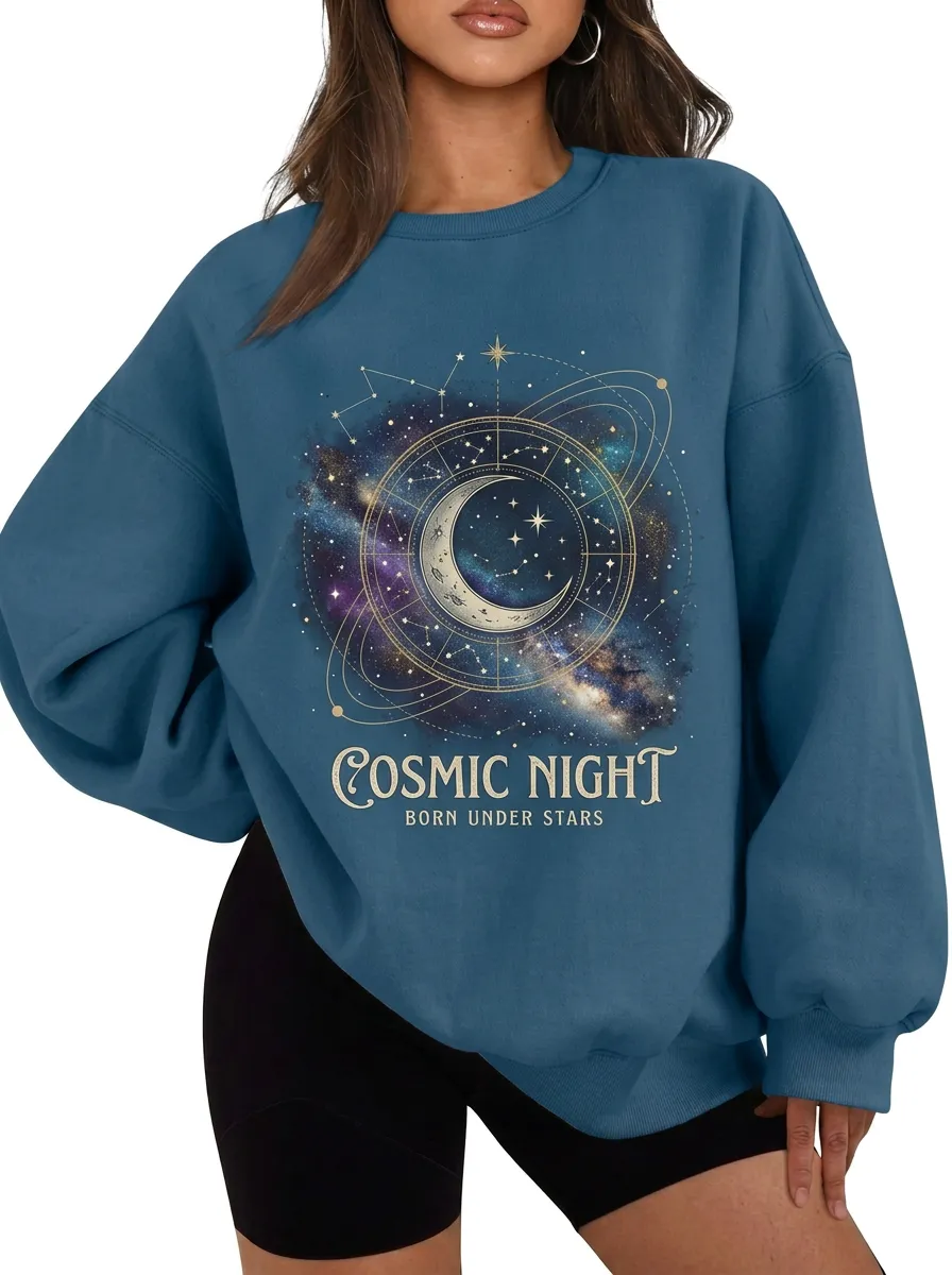 Women's Cosmic Night Astrology Moon Galaxy Printed T-shirt
