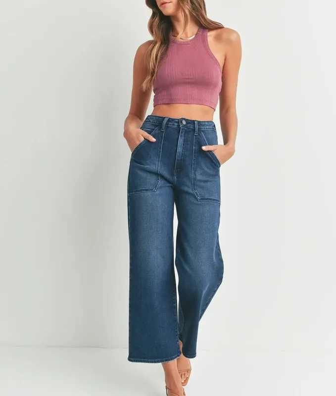 Blue Cotton Blend Wide Leg High Rise Jeans