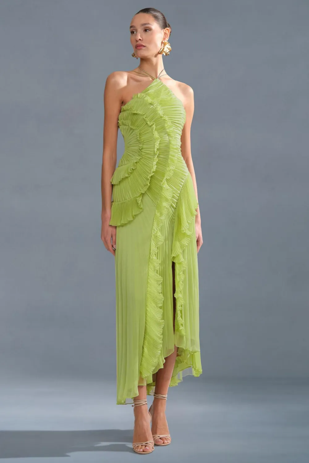 Pleated Frill Halter Neck Midi Dress