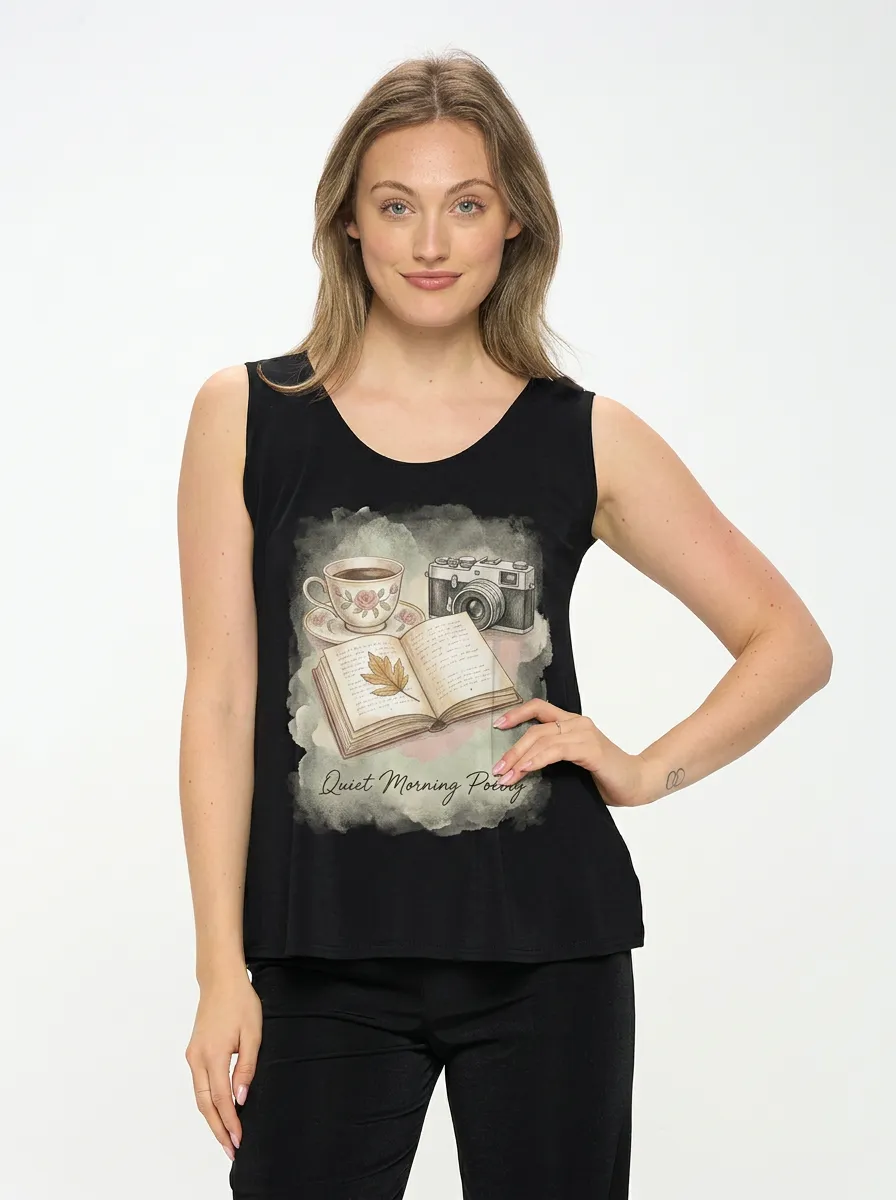 Women's Book Camera Coffee Lover Quiet Morning Poetry Printed Tank Top