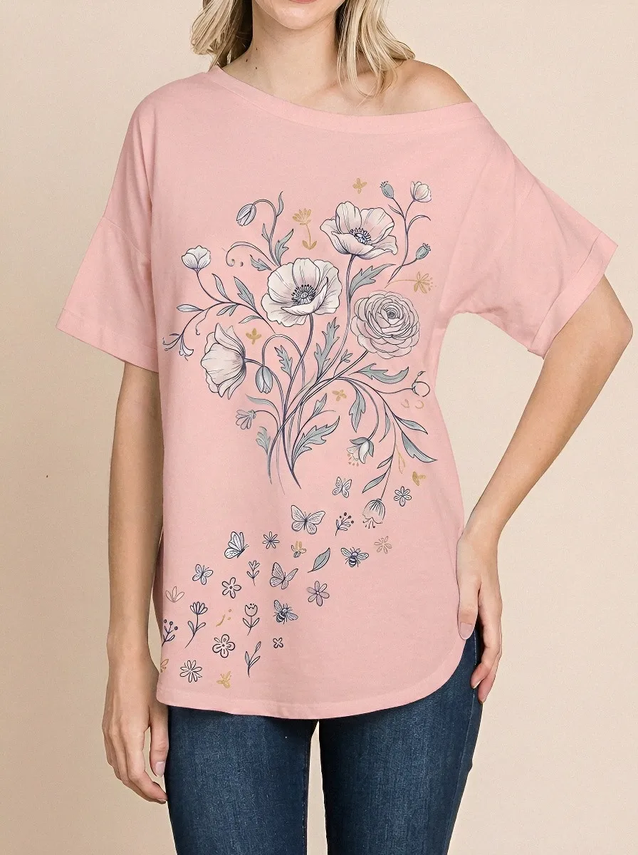 Women's Floral Nature Lover Poppy Butterfly Printed T-shirt