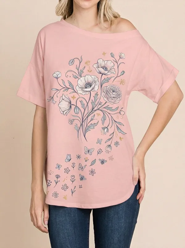 Women's Floral Nature Lover Poppy Butterfly Printed T-shirt