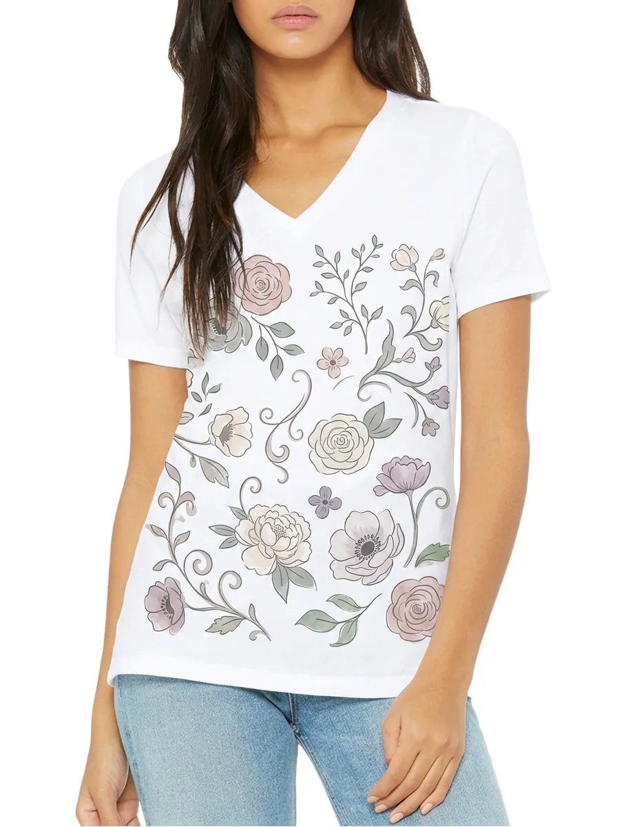 Women's Floral Lover Pastel Rose Botanical Printed V-neck T-shirt