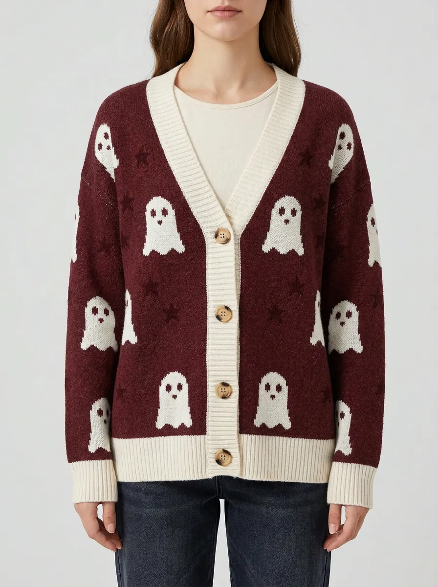 Women's Halloween Ghost Star Pattern Knitted Cardigan