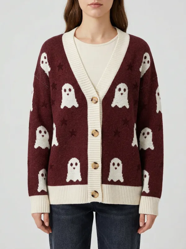 Women's Halloween Ghost Star Pattern Knitted Cardigan