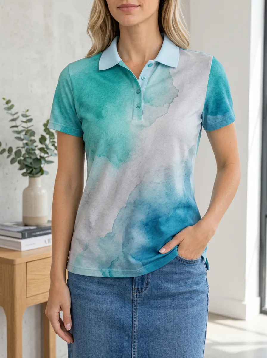 Women's Relaxed Watercolor Abstract Polo Shirt
