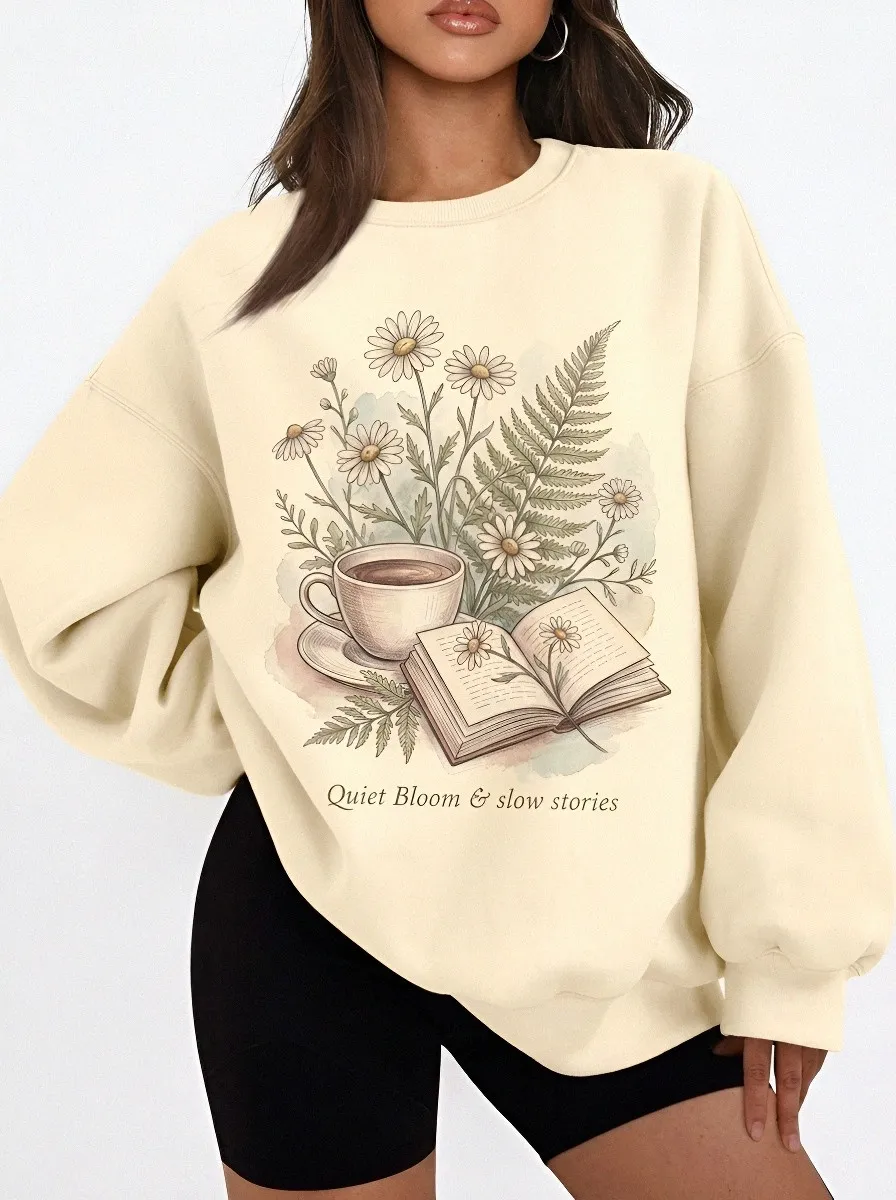 Women's Book Lover Coffee Daisy Floral Printed Sweatshirt