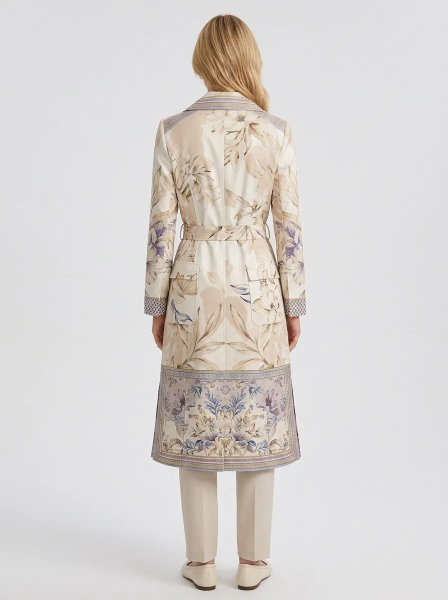 Women's Vintage Floral Botanical Printed Trench Coat