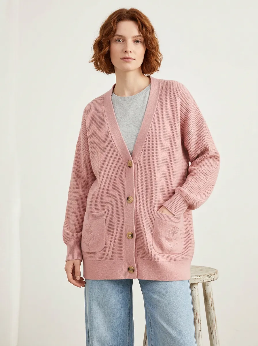 Women's Floral Pocket Pink Waffle Knit Button Cardigan