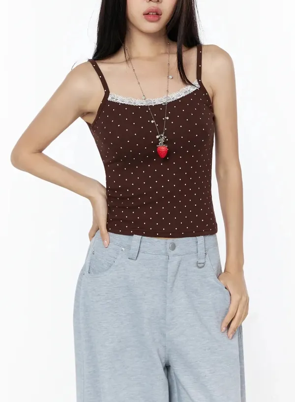 Polka Dot Lace Trim Tank Top