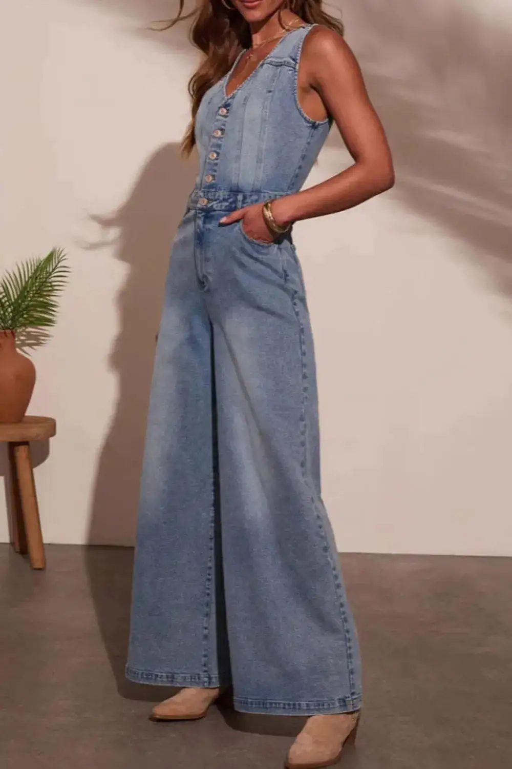 V Neck Wide Leg Jumpsuit Denim Pants