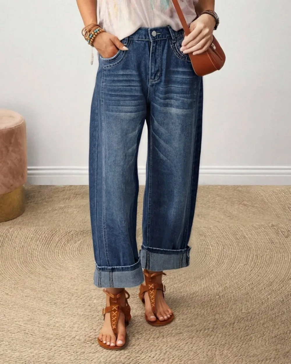 Rolled Raw-Hem Mid-Rise Crop Jeans