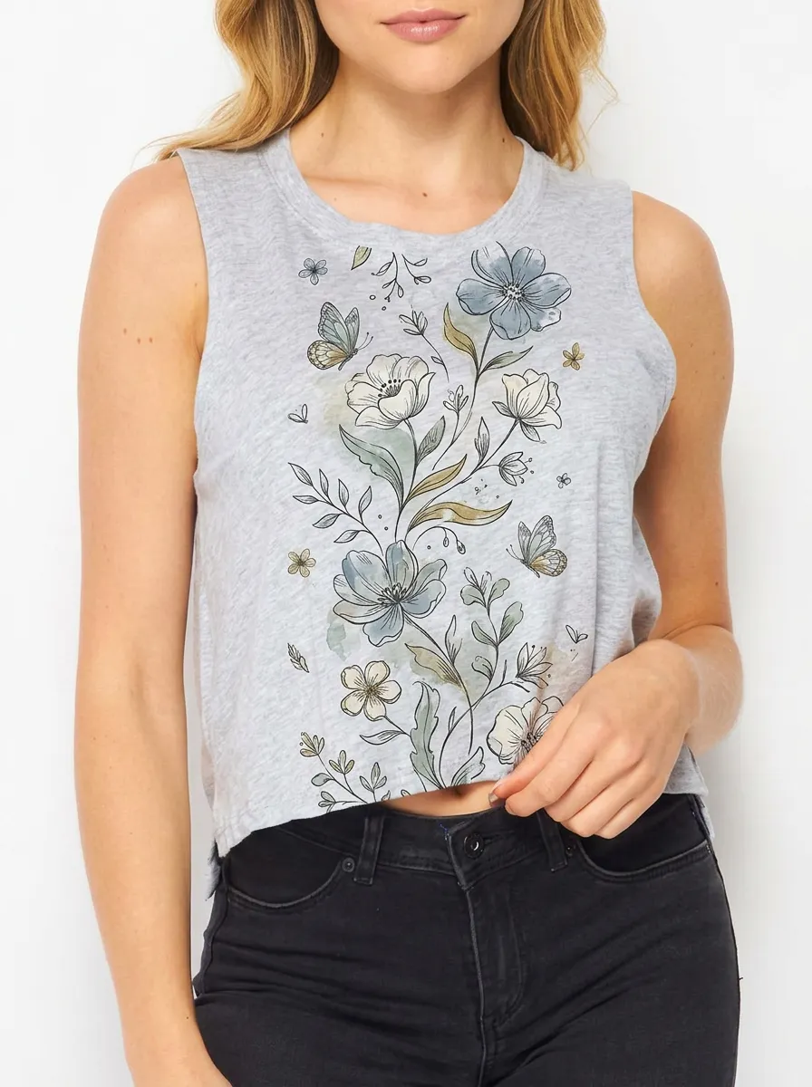 Women's Botanical Nature Lover Butterfly Floral Printed Tank Top