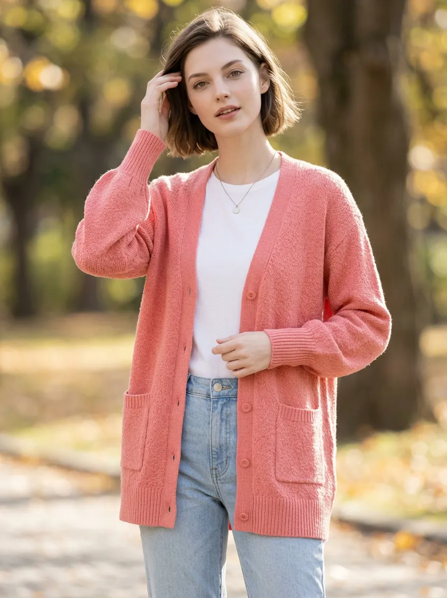 Women's Casual Pink Patterned Button Down Cardigan