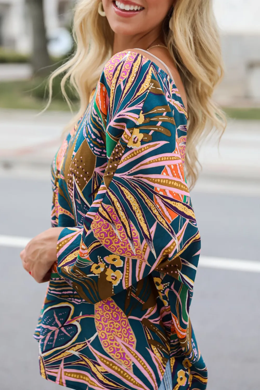 Teal Leaf Print Oversized Blouse