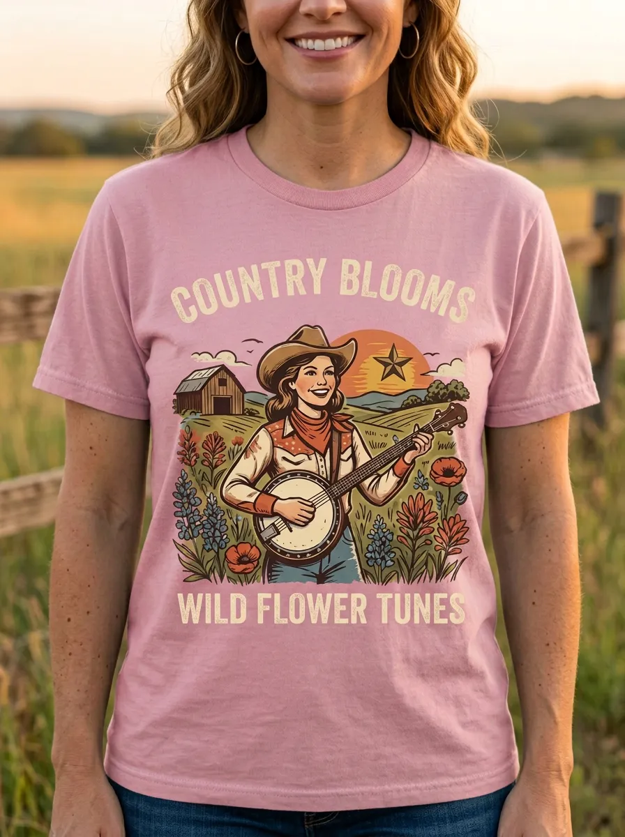 Banjo Cowgirl Wildflower Women's Country Music Casual T-Shirt