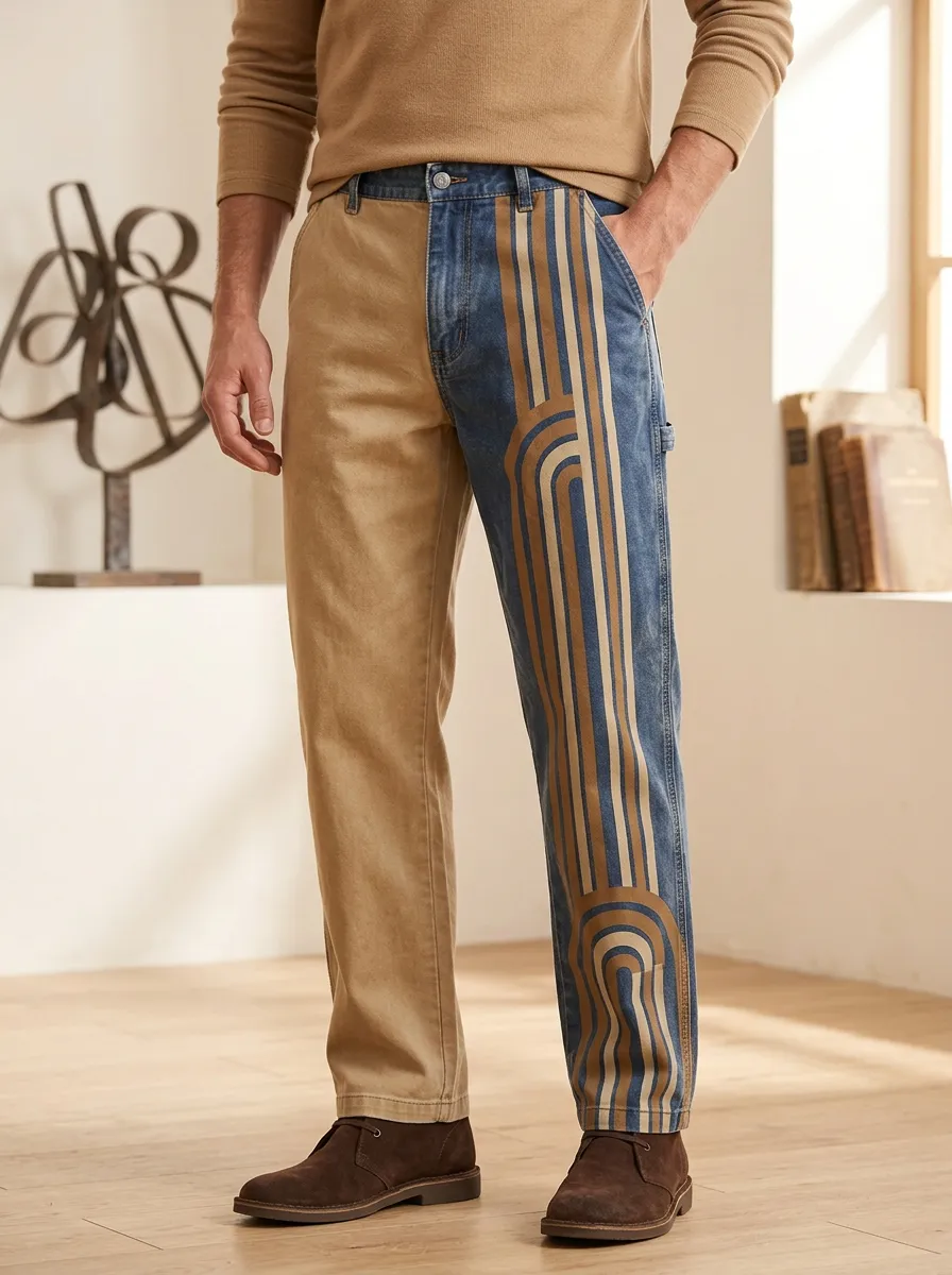 Men's Retro Geometric Striped Colorblock Printed Pants