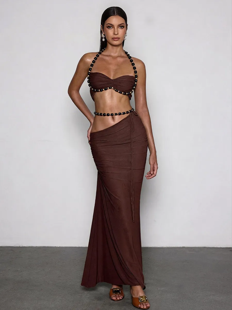 Zuri Halterneck Ruched Skirt Set In Coffee