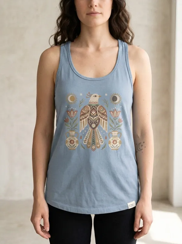 Women's Boho Celestial Bird Floral Vase Printed Tank Top