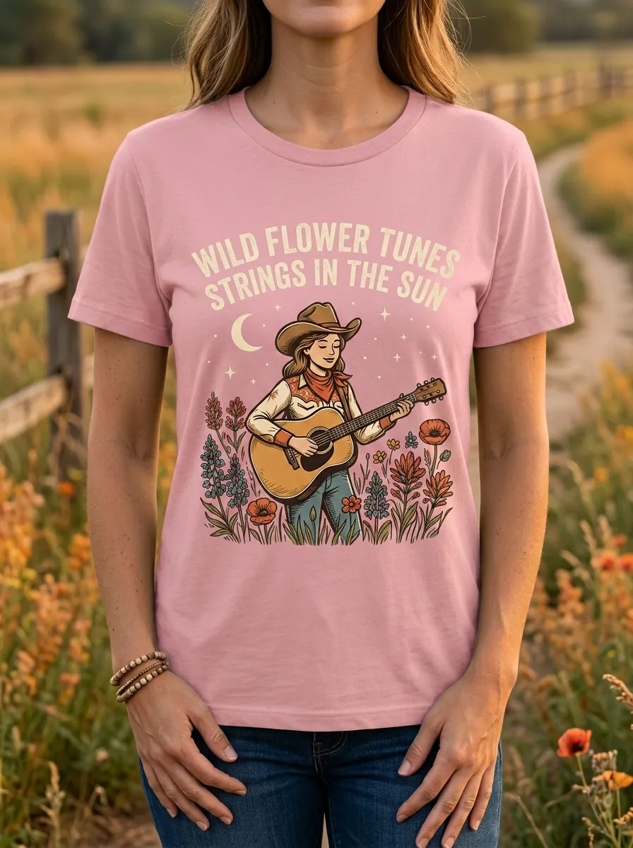 Guitar Wildflower Women's Country Music Casual T-Shirt