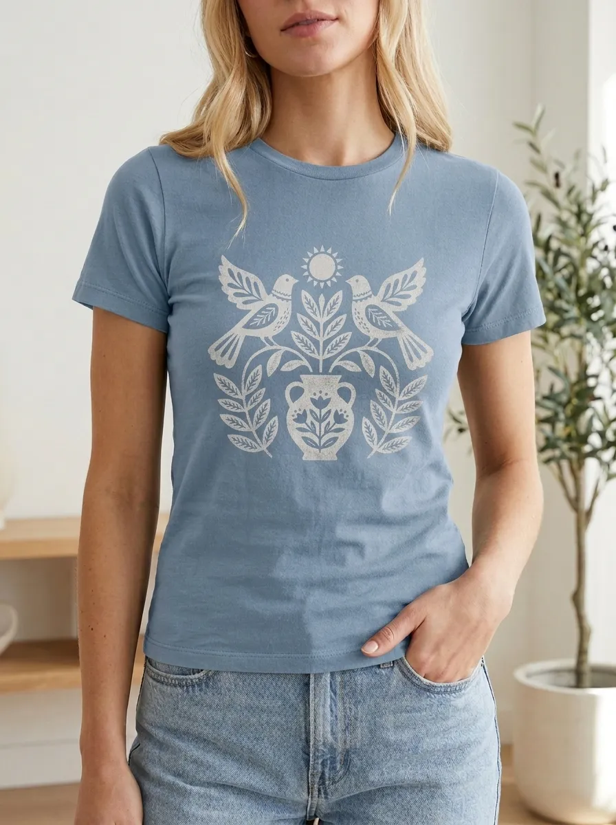 Women's Folk Art Bird Floral Vase Printed T-shirt