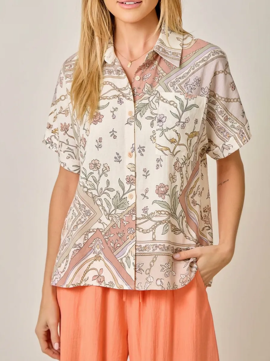 Women's Vintage Floral Chain Pattern Printed Button-up Shirt