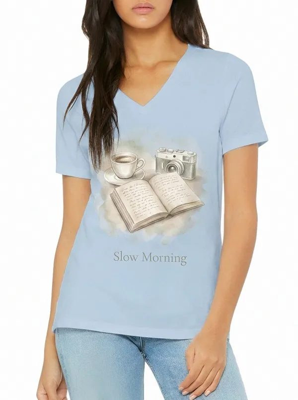 Women's Slow Morning Coffee Book Camera Printed V-neck T-shirt