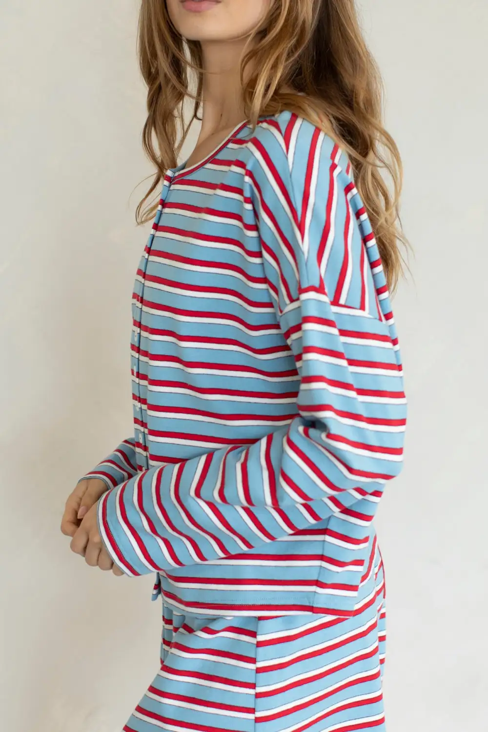 Striped Button Front Long Sleeve Relaxed Tee
