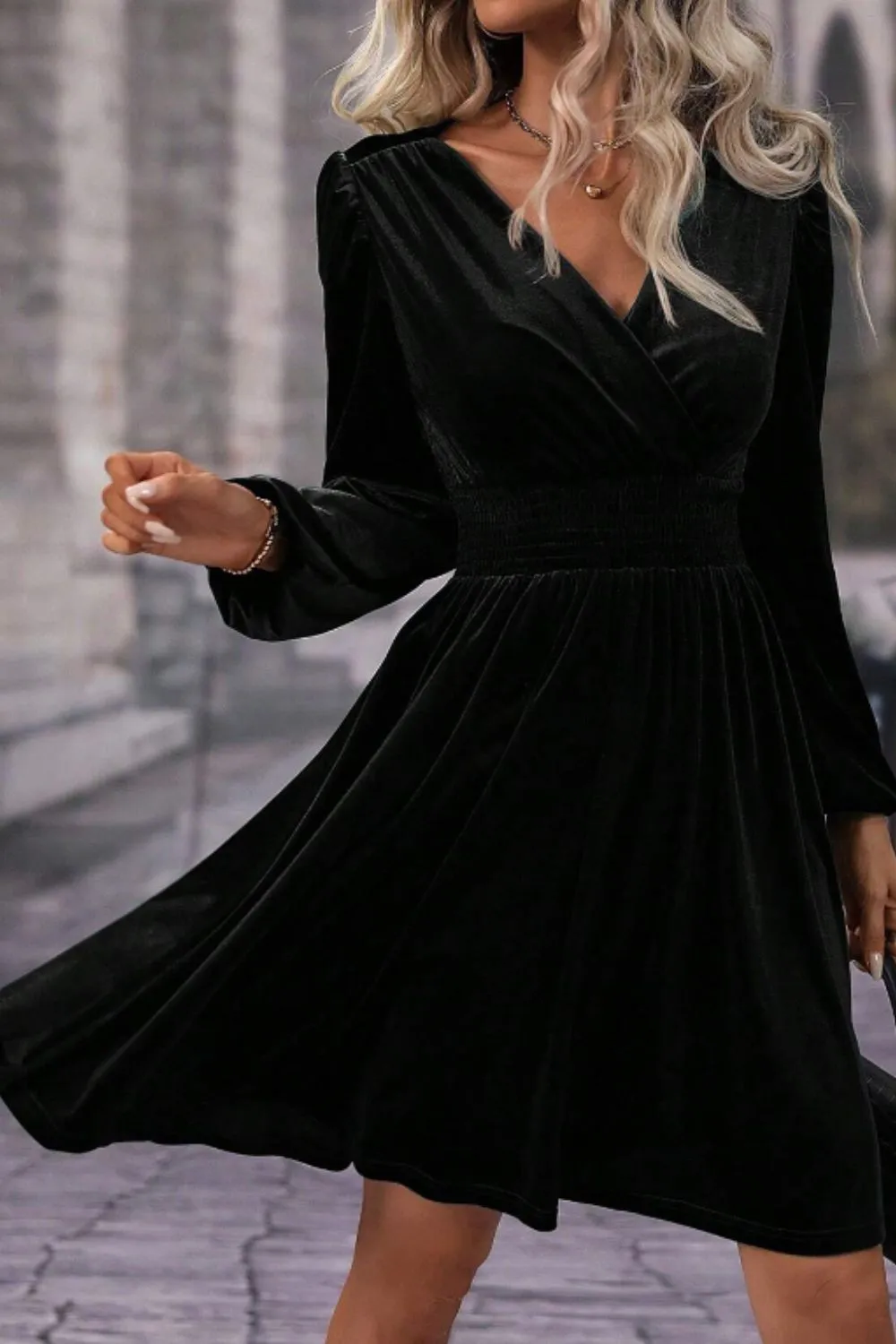 Surplice Long-Sleeve Velvet Casual Dress