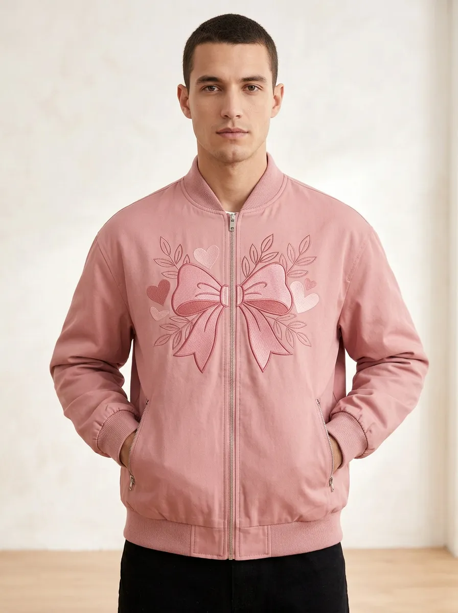 Unisex Pink Bow Ribbon Heart Embroidered Bomber Jacket