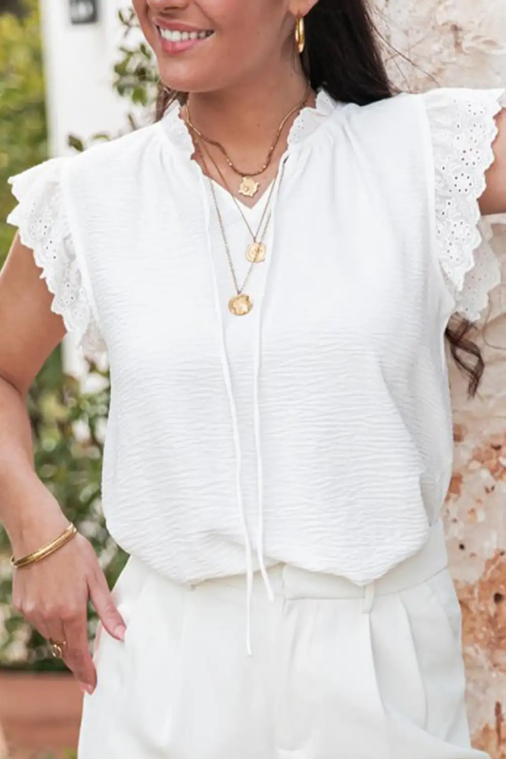 Embroidered Ruffled Textured Blouse
