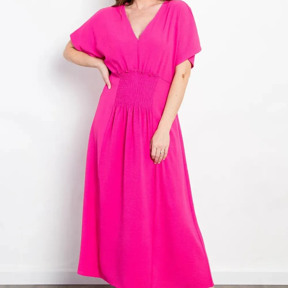 Shirred Front Short Sleeve Maxi Dress