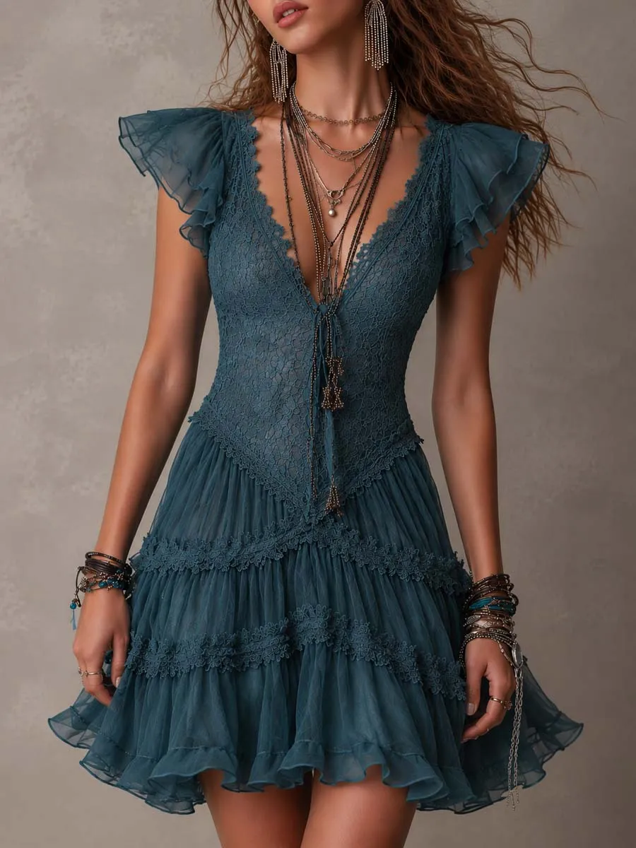 Retro Sea Blue Lace And Chiffon Ruffled Mini Dress