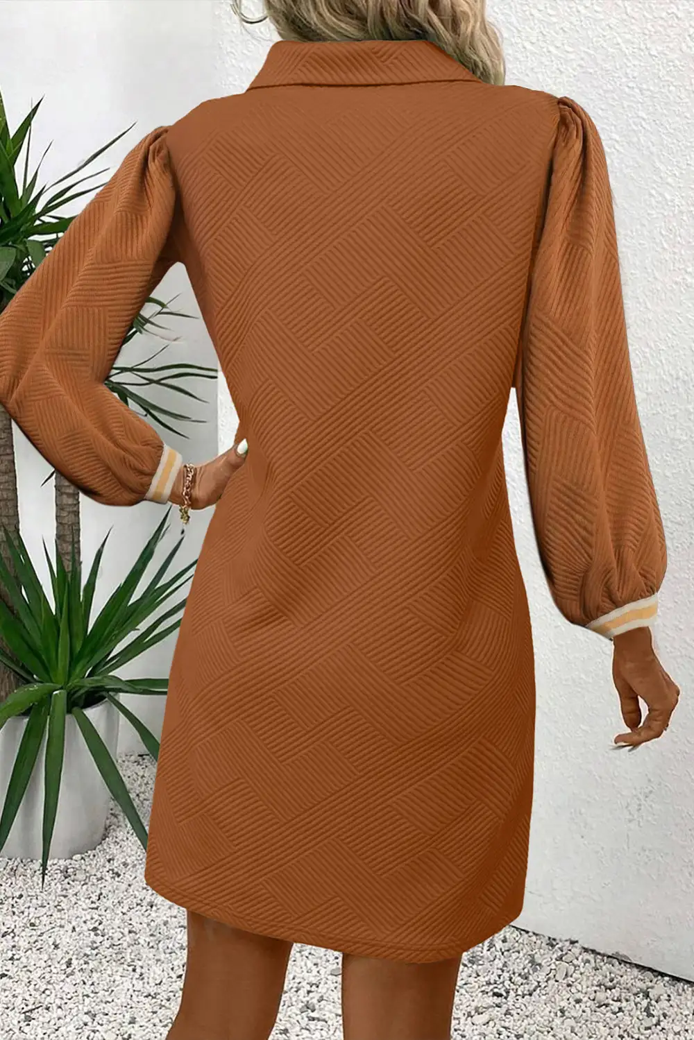 Layered Detail Striped Split Neck Long Sleeve Mini Dress
