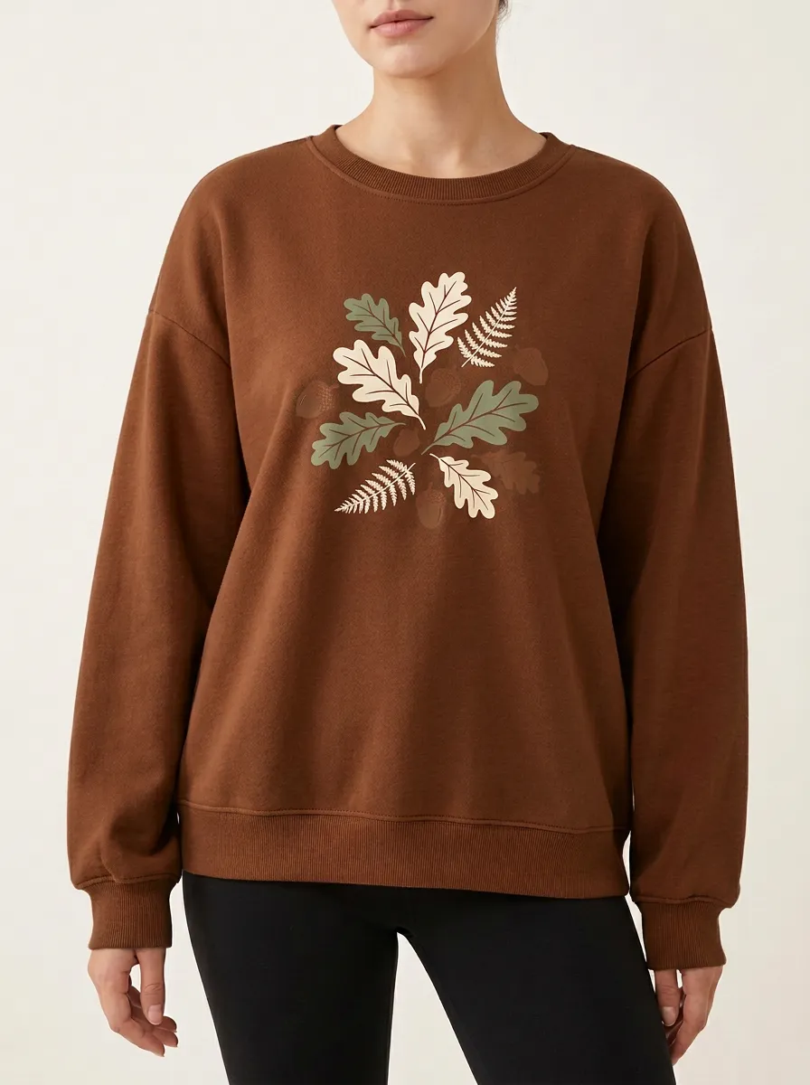 Easygoing Printed Acorn Leaf-Motif Graphic Sweatshirt