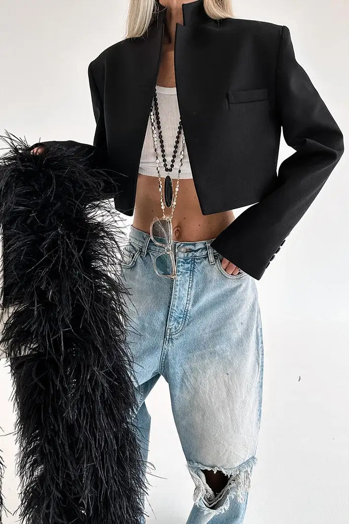 High-Waist Stand-Collar Structured Blazer