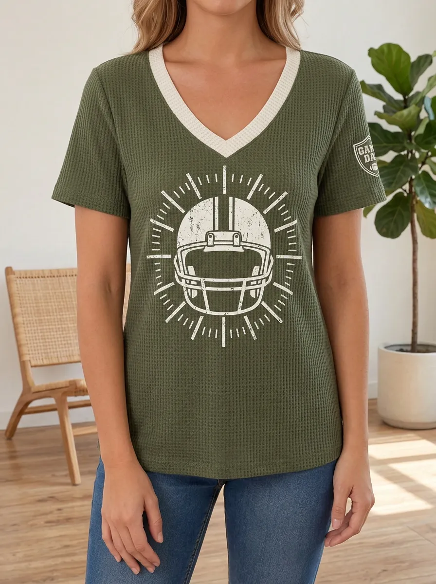 Women's Tailgate Football Game Day Helmet Printed Waffle Knit Top
