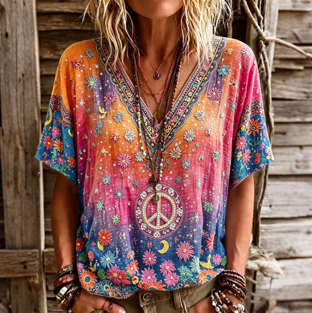 Women's Retro Hippie Floral Color Gradient Art Linen Blend Short Sleeve Tops