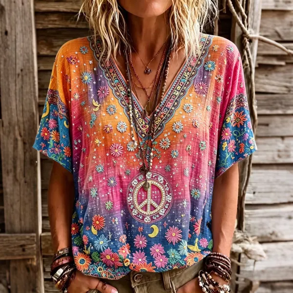 Women's Retro Hippie Floral Color Gradient Art Linen Blend Short Sleeve Tops