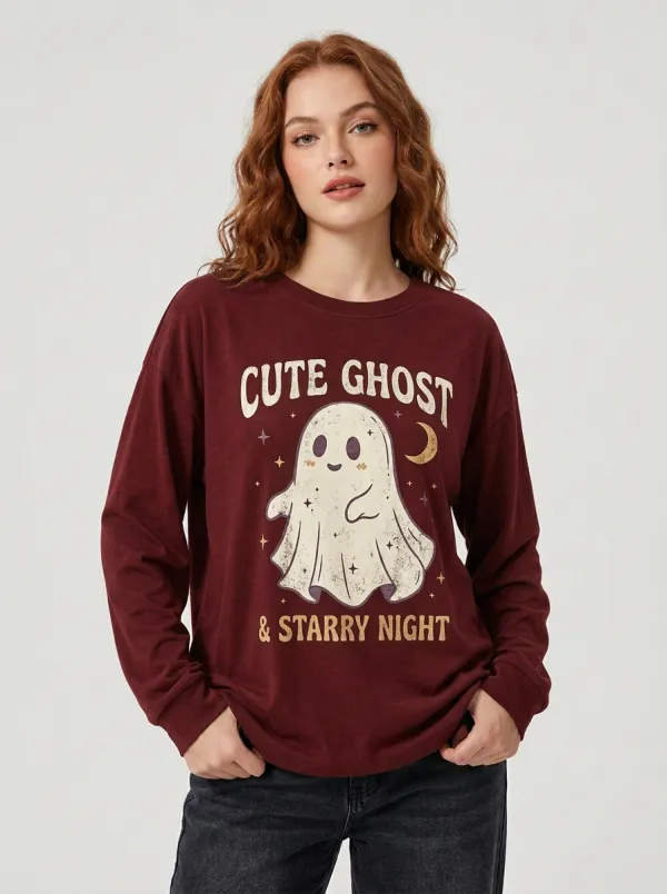Women's Halloween Cute Ghost Starry Night Printed Long Sleeve T-shirt