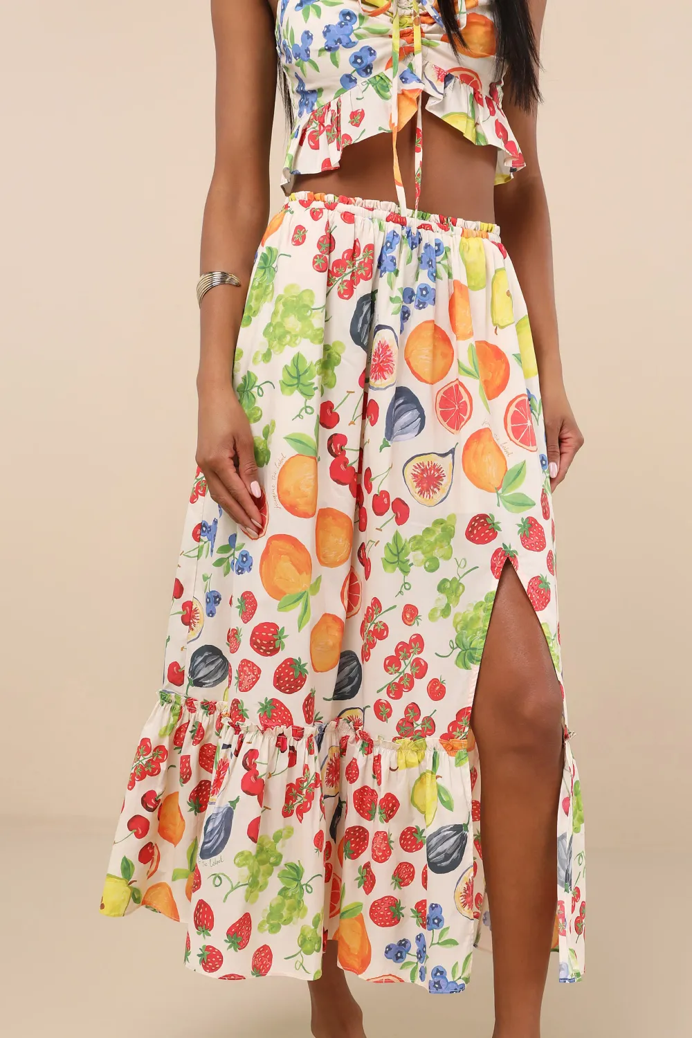 Casual Style White Multi Fruit Print Tiered Midi Skirt
