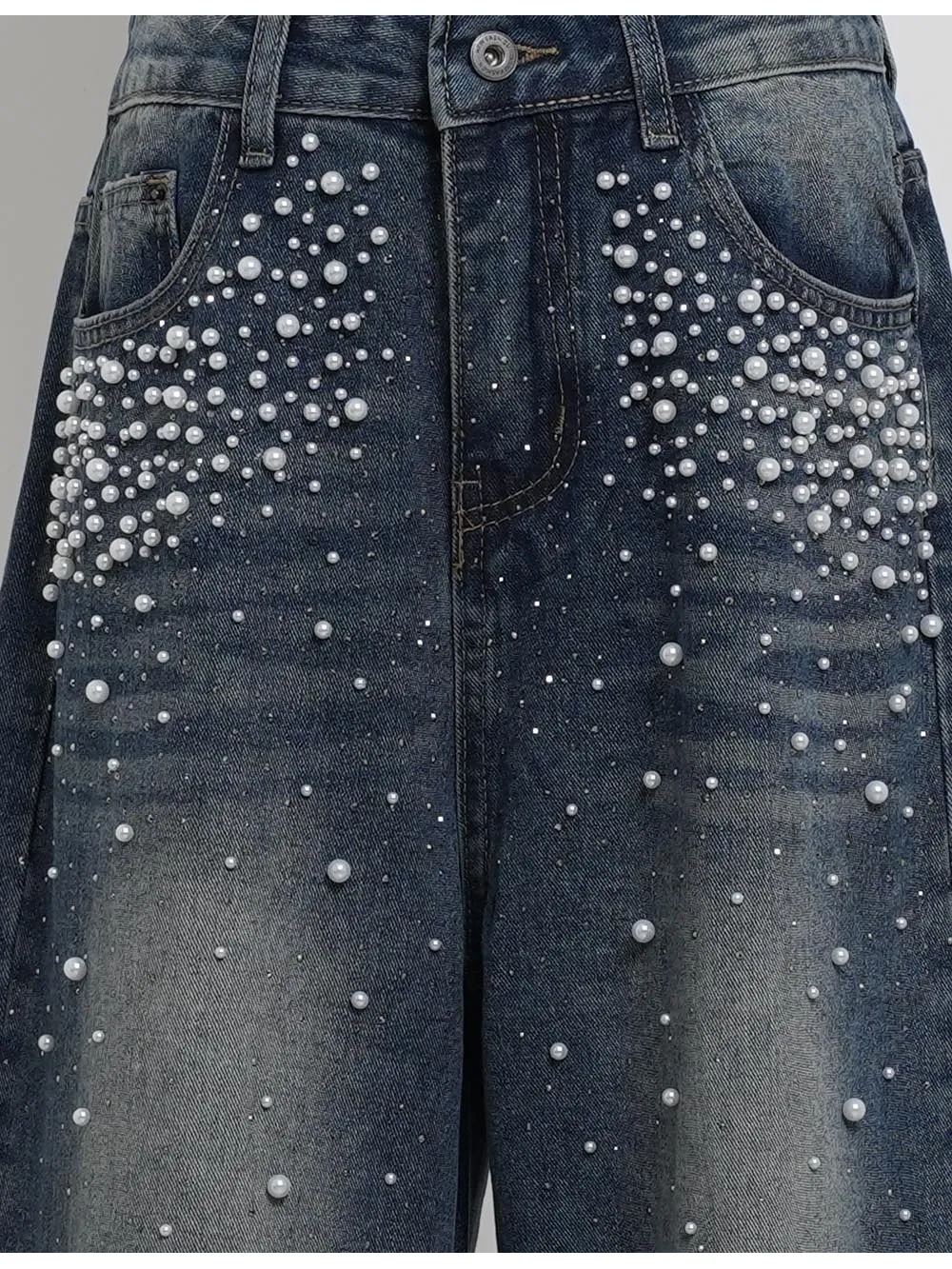 Faux Pearl Button Waist Wide Leg Denim Pants