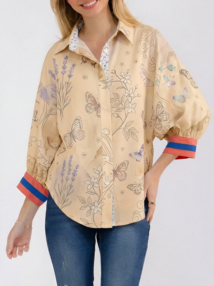 Women's Butterfly Lavender Floral Printed Button-Down Shirt